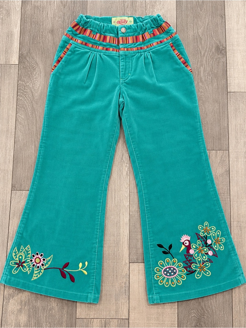 Oilily Teal Corduroy Girls' Wide-Leg Jeans with Floral Embroidery